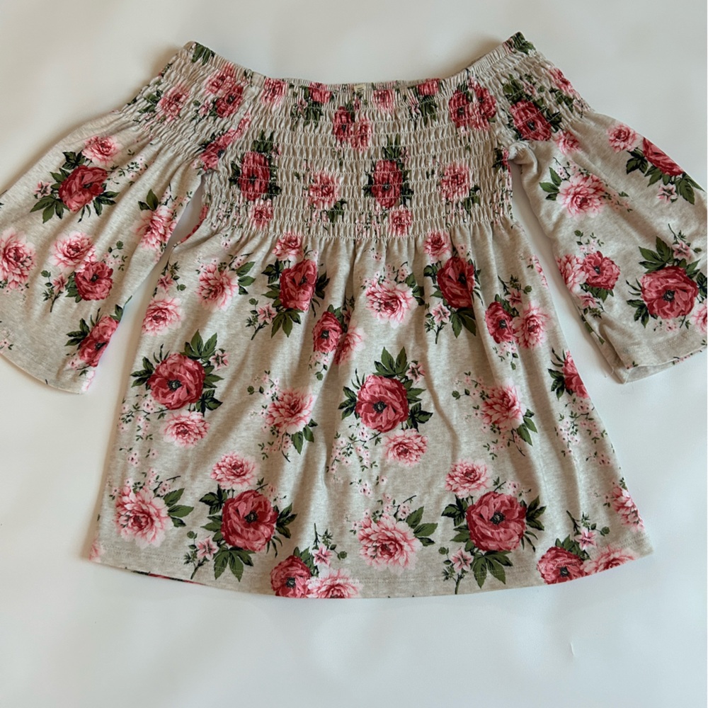 Self Esteem Floral Off The Shoulder Stretch Top; Bell Sleeves
